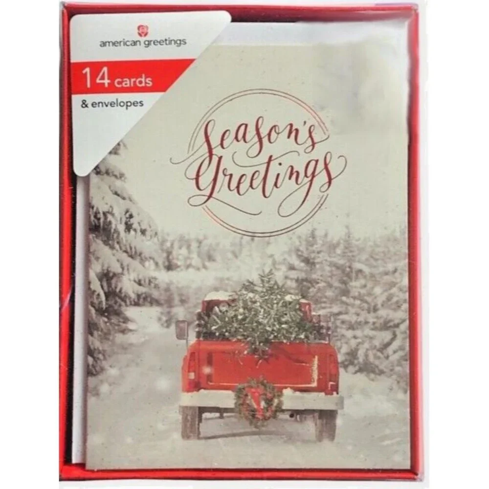 American Greetings Christmas Cards Red Farm Truck Boxed 14 Cards Envelopes 4x5